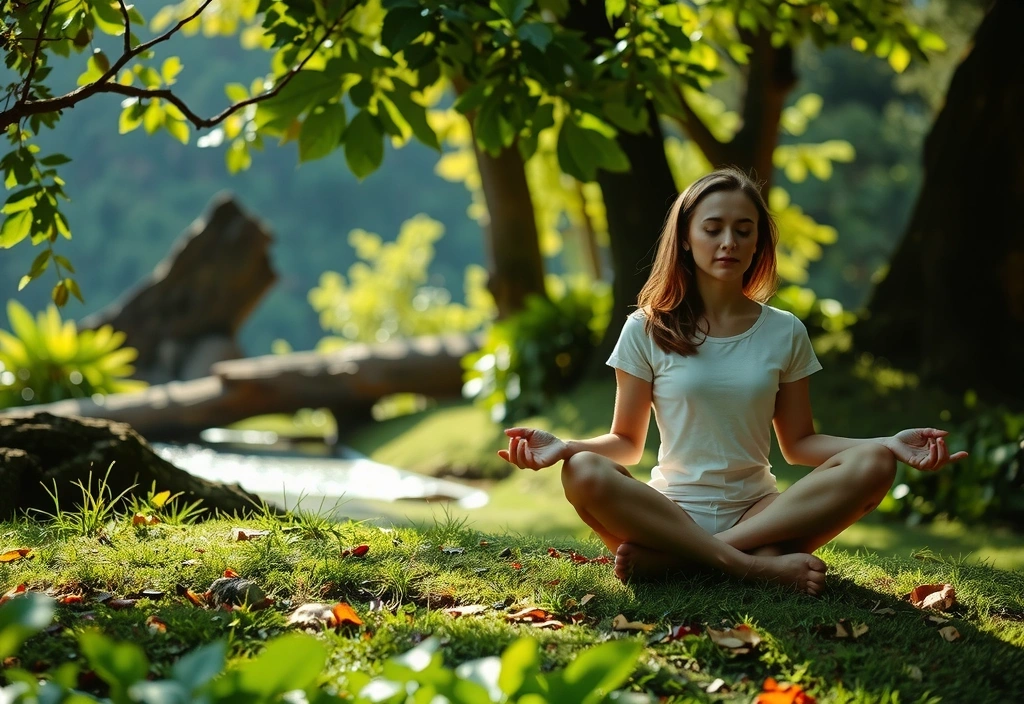 O persoană care meditează într-un peisaj natural seren