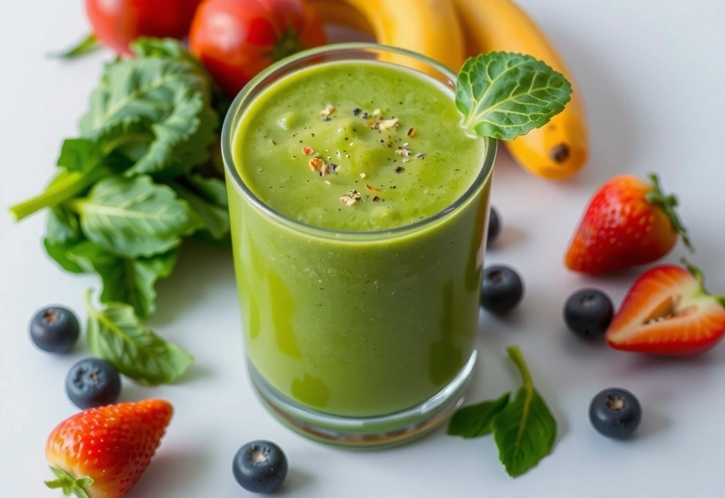 Un pahar cu smoothie verde și ingrediente proaspete