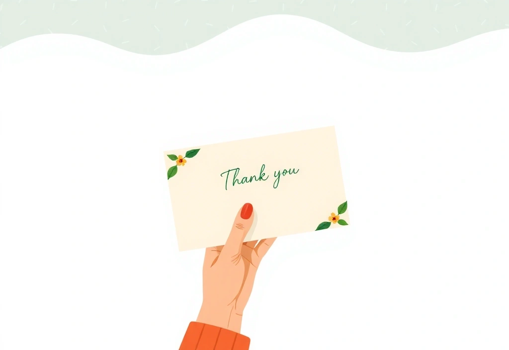 Ilustrație cu o mână care ține o foaie de hârtie cu un mesaj de mulțumire și un fundal cu elemente naturale delicate