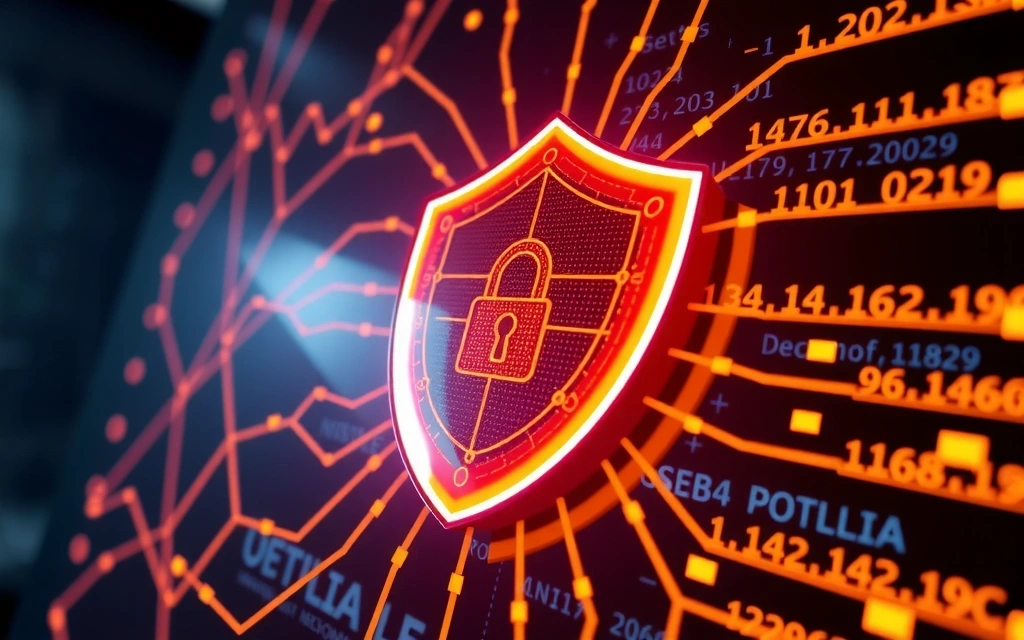 Un scut digital strălucitor protejând o rețea de date, simbolizând măsuri robuste de securitate.