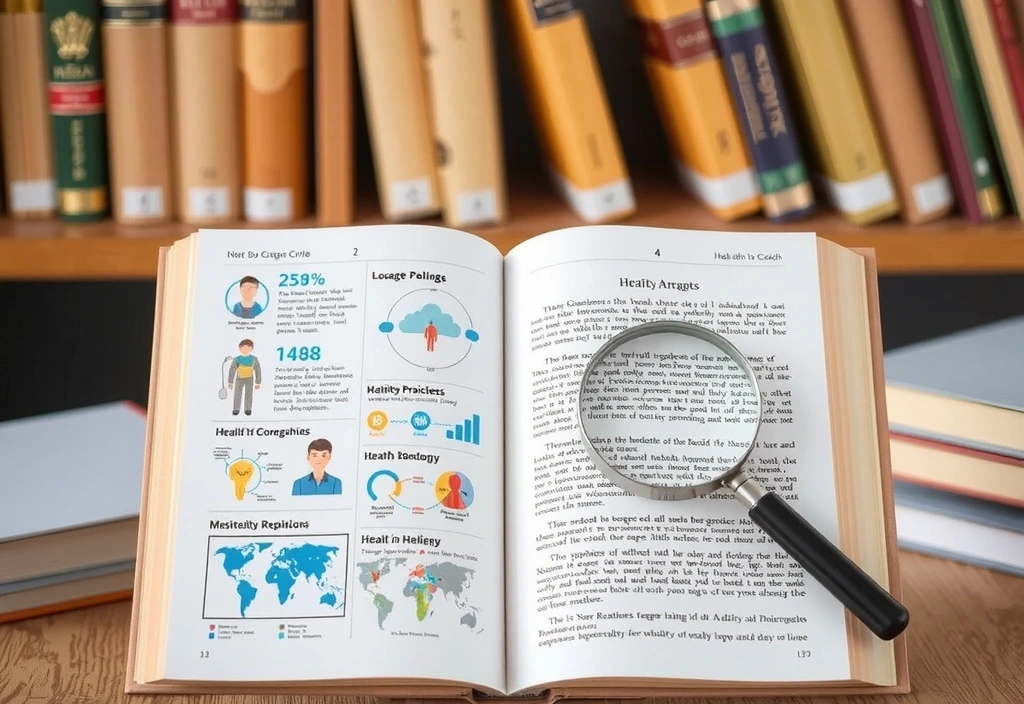 Open book with various health-related illustrations and a magnifying glass