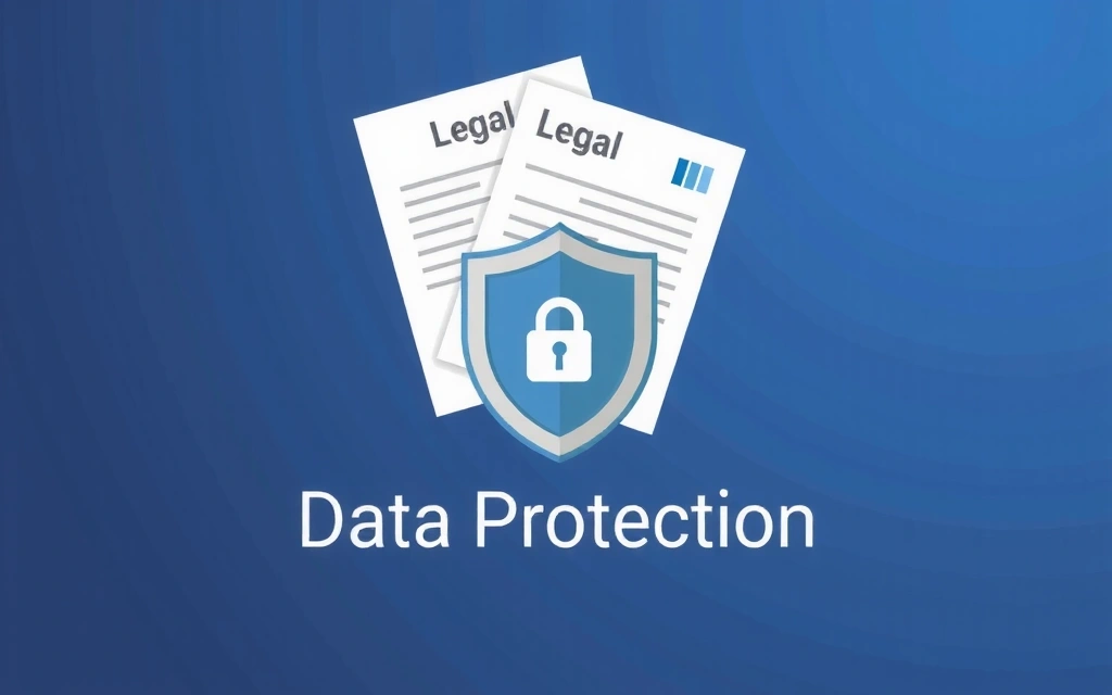 Ilustrație cu documente legale și simboluri de protecție a datelor