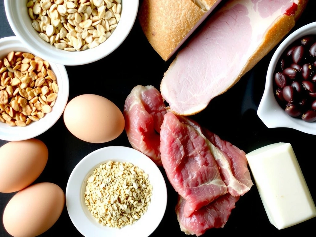 Diverse alimente bogate în vitamine B: cereale integrale, ouă, carne, minimalist, fără text