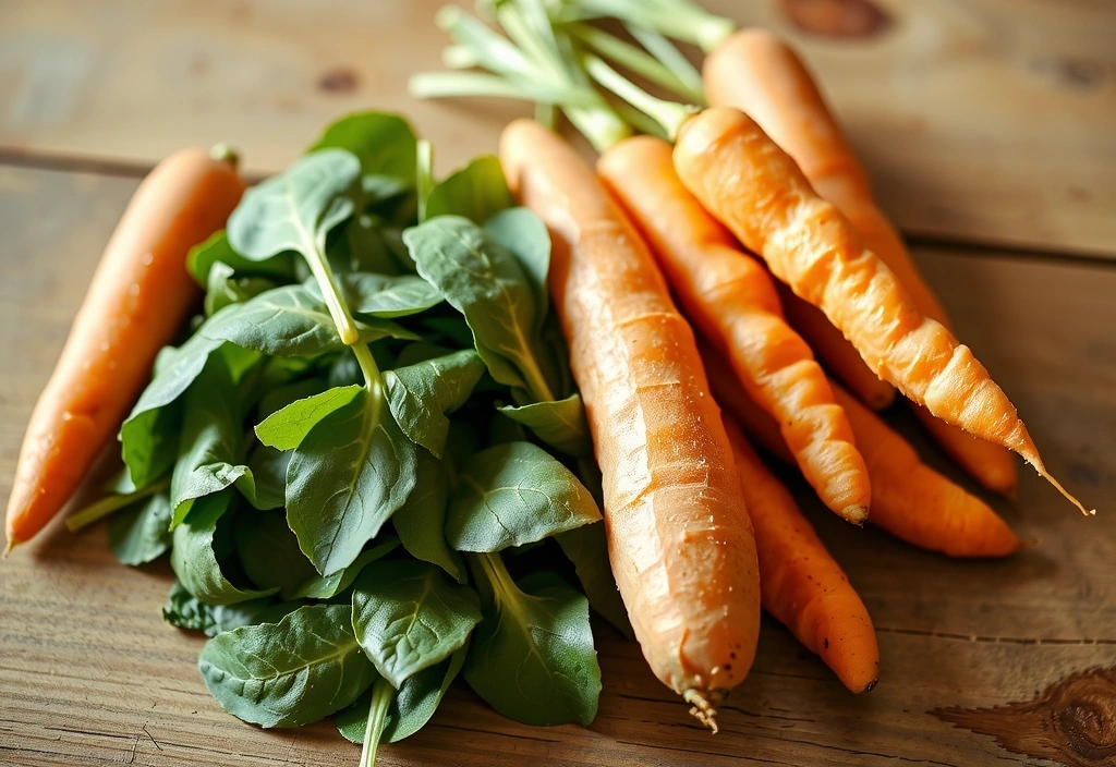 Morcovi proaspeți, cartofi dulci și spanac pe o masă de lemn, cu o lumină naturală blândă