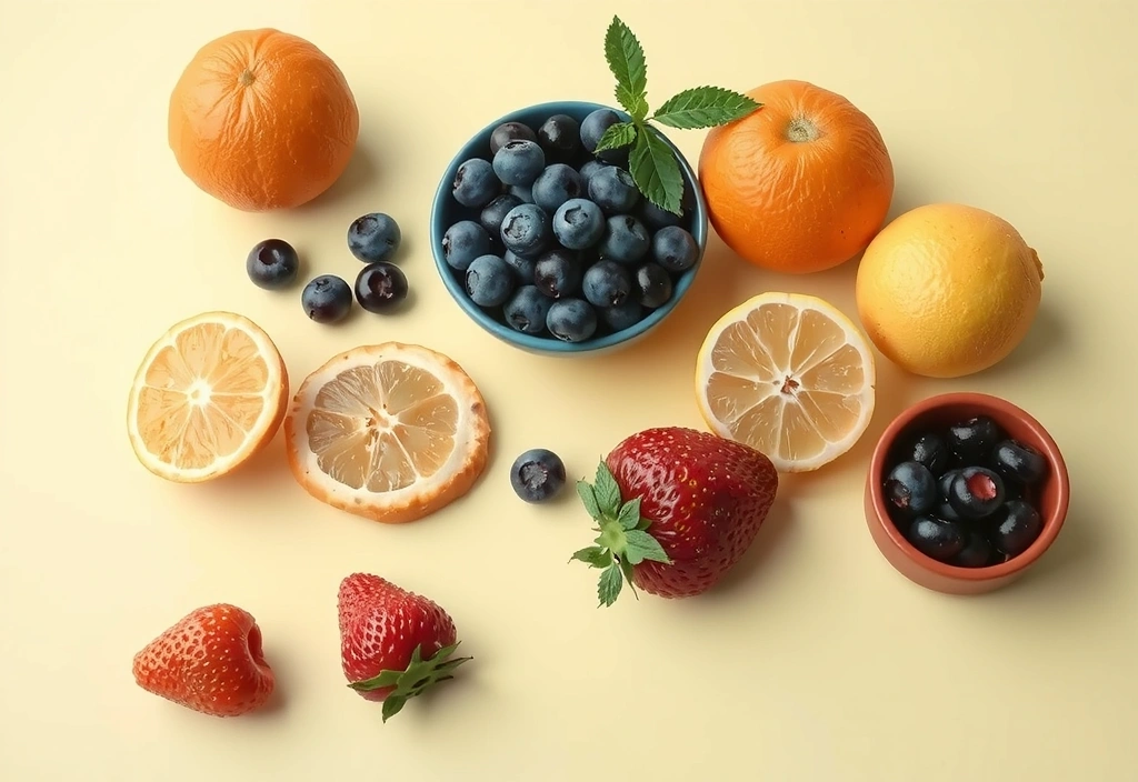 O selecție vibrantă de citrice (portocale, lămâi) și fructe de pădure (căpșuni, afine) pe un fundal luminos
