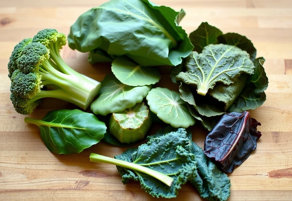 O selecție de legume cu frunze verzi închise la culoare, inclusiv broccoli, spanac și varză kale, pe o tablă de tăiat din lemn